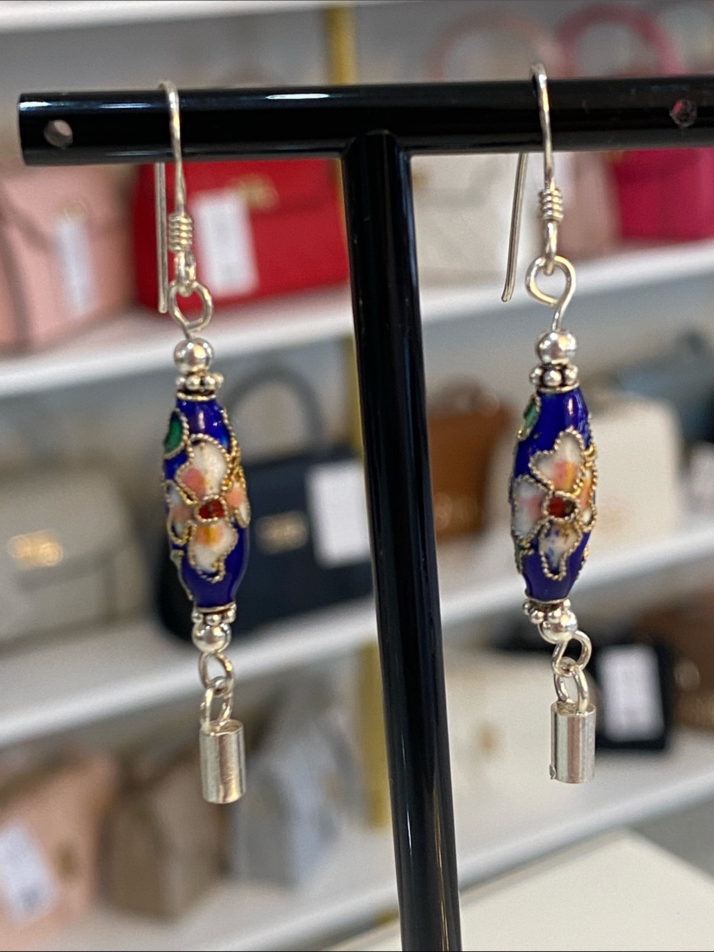 Handcrafted STERLING SILVER Blue Floral Cloisonné Drop Earrings - Women Jewelry